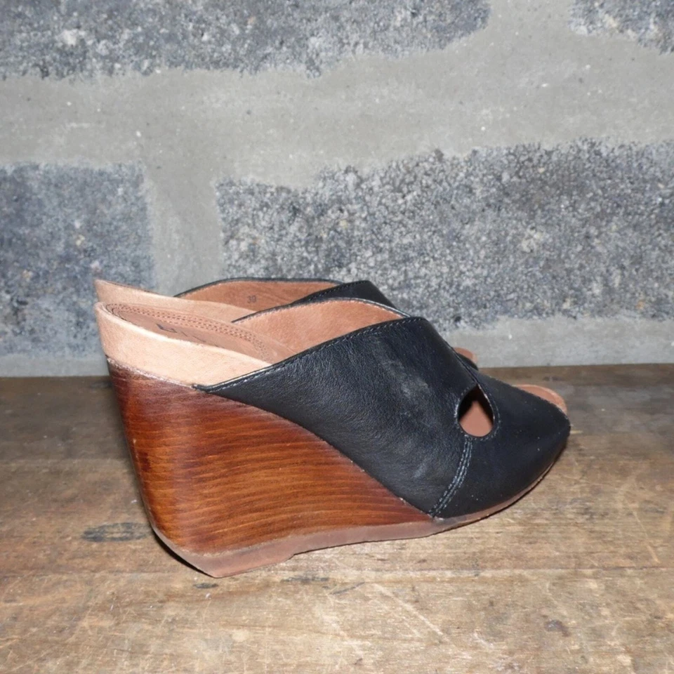 BIVIEL 4 pulgadas cuero negro puntera abierta sandalias cuña Foto 2 de 4