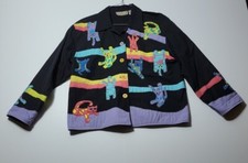 Life Style Womens Jacket Petite Large Multicolor Cats Buttons Linen Blend J610