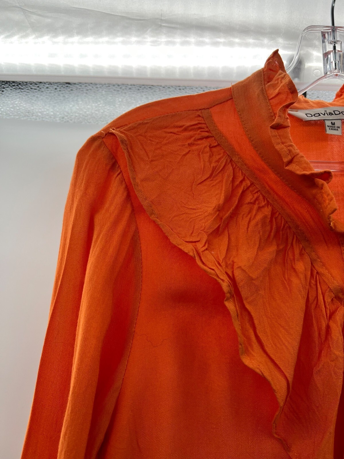 Davi & Dani Women's Button Up Ruffle 3/4 Sleeve Top Orange Size Medium
