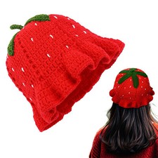 Strawberry Red WOMEN Handmade Crochet Bucket Hat Unisex Cap Knitted Hats