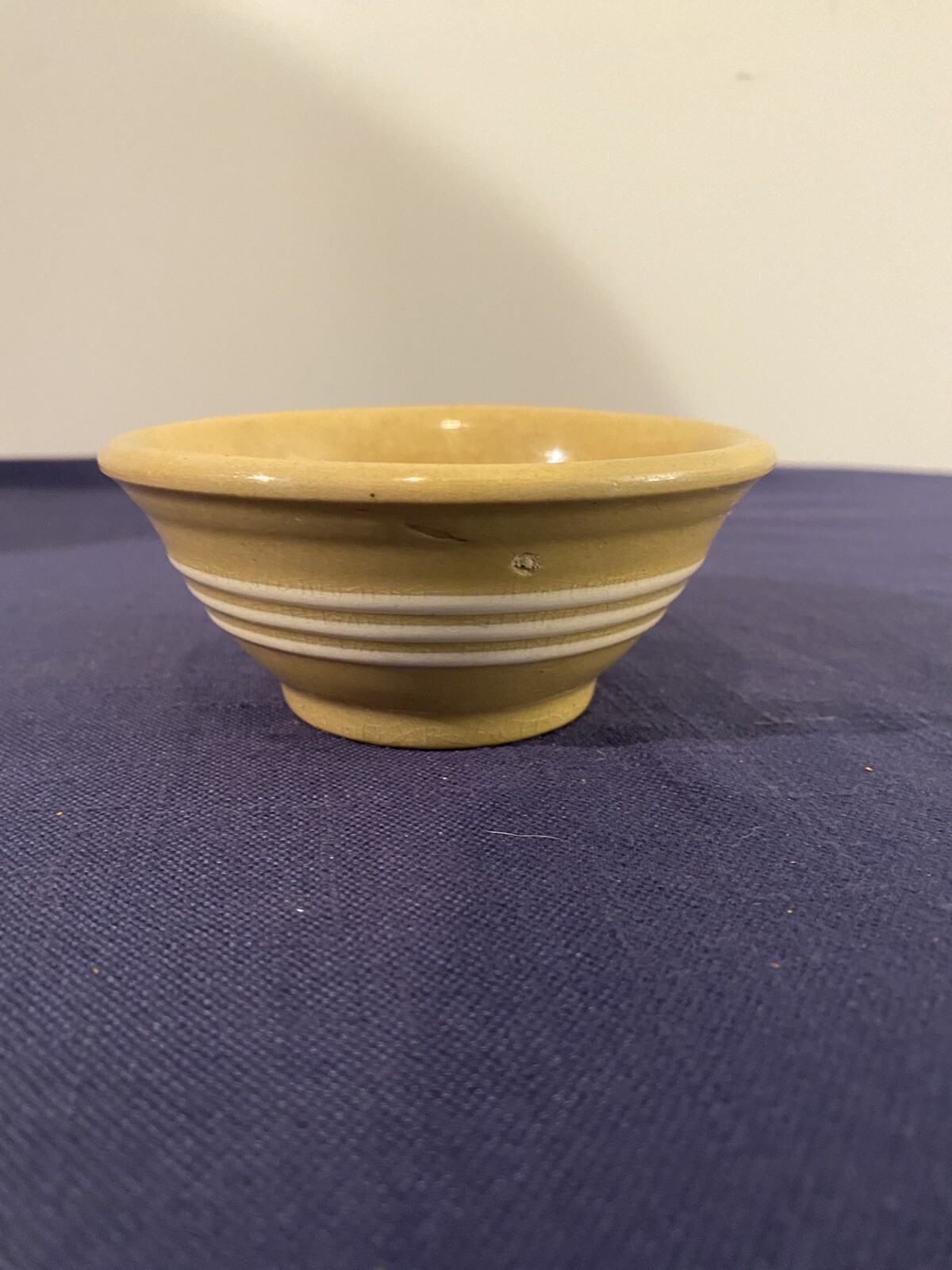 Antique Small Yellow Ware Bowl White Stripes or Bands 4.25" diameter