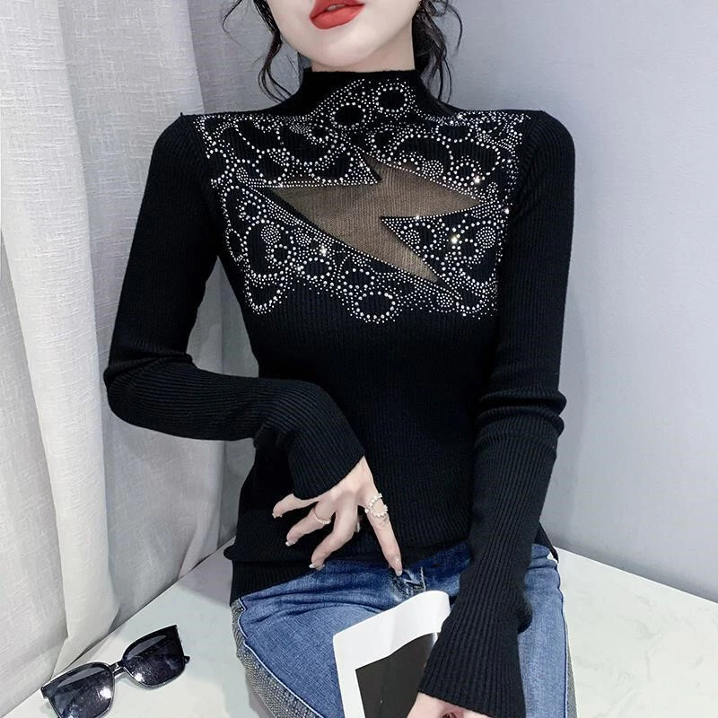 Women Glitter Rhinestones Hollow Out High Neck Long Sleeves