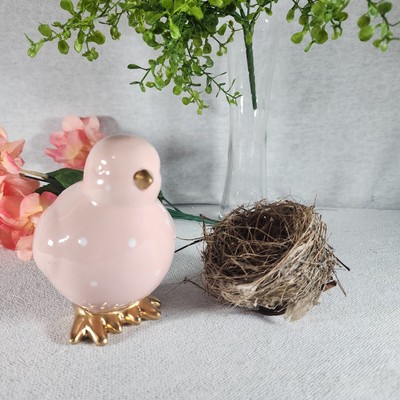 Easter Chick Figurine Pink with White Polka Dot and Gold Accents Cottage Core