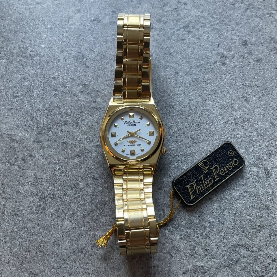 Vintage Philip Persio Watch 33mm Gold Tone Case And Band White Dial NWT No Box H - Image 2 of 4