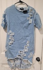 Fashion Nova Women Blue Distressed Denim Dress Short Sleeves Size XS