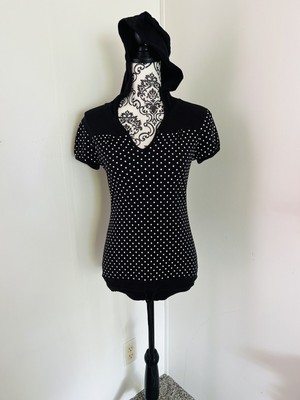 Energie Women s Black & White Polka Dot Drawstring V-Neck Hooded T-Shirt L