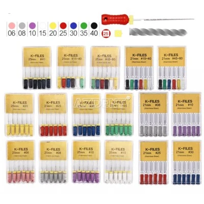AZDENT Dental Hand Use K-Files 25mm/21mm Stainless Steel Endodontic Root Canal 6pcs/box