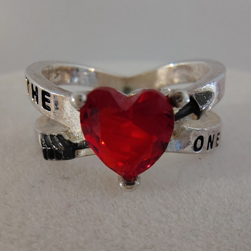 925 Sterling Silver Red Heart CZ Cupid Arrow Ring "THE ONE" Size 5.75 Ring 3.92g