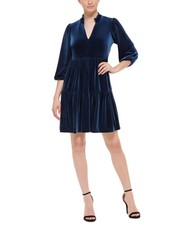 VINCE CAMUTO Burst Blue Velvet Tiered Ruffled Bell Puff Cocktail Dress 6 $148