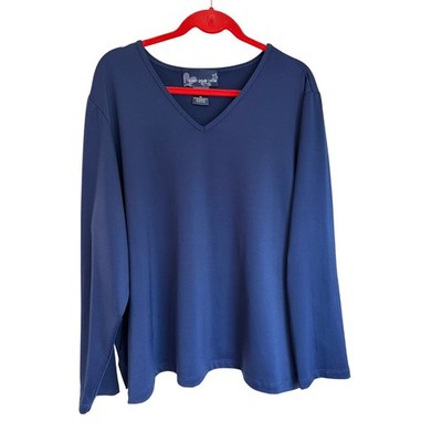Susan Graver Style Navy Blue Liquid Knit V-Neck Long Sleeve Top 3X A68078