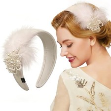 Feather Headband 1920s Vintage White Pearl Flower Ostrich Swan Feather Hair