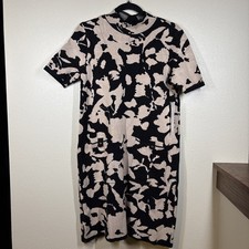 Calvin Klein Womens Abstract Floral Knit Sweater Dress Mock Neck Black Tan S NEW