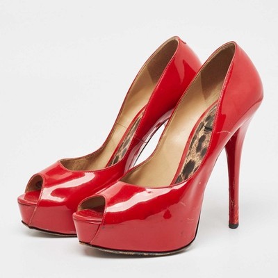 Dolce Gabbana Red Patent Leather Peep Toe Platform Pumps Size 40