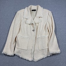 VTG St John Sz L Cream Tweed Jacket Fringe Silver Button Blazer Pockets