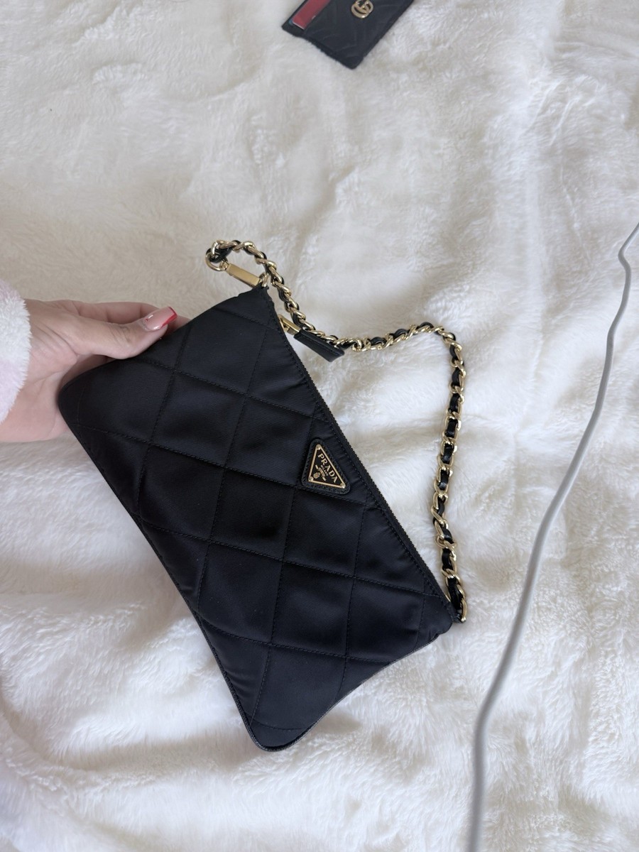 PRADA Black Quilted Shoulder Bag Gold Chain Strap Logo Accent