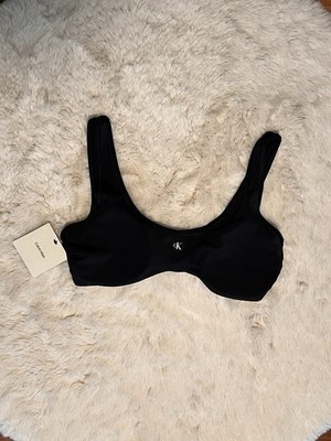 Calvin Klein Damen Bikini Oberteil Schwarz Unifarben Logo CK Trägerweit L