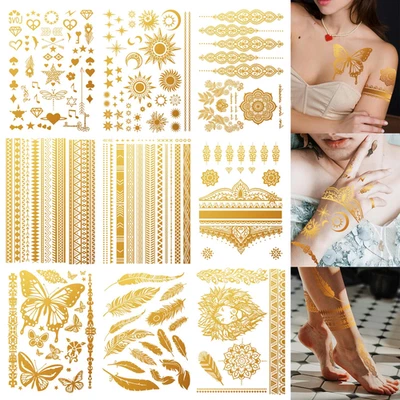 NPCSWXQ 9 Stück Gold Tattoos Festival,Funkelnde Mond,Stern Schmetterlings Temporäre Henn