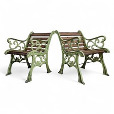Pair Cast Iron Garden Benches Victorian Style Scroll Side Rails Patio Chairs