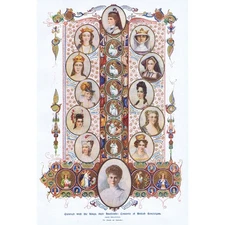 ROYALTY Consorts of British Sovereigns - Colour and Gilt Trim Antique Print 1911