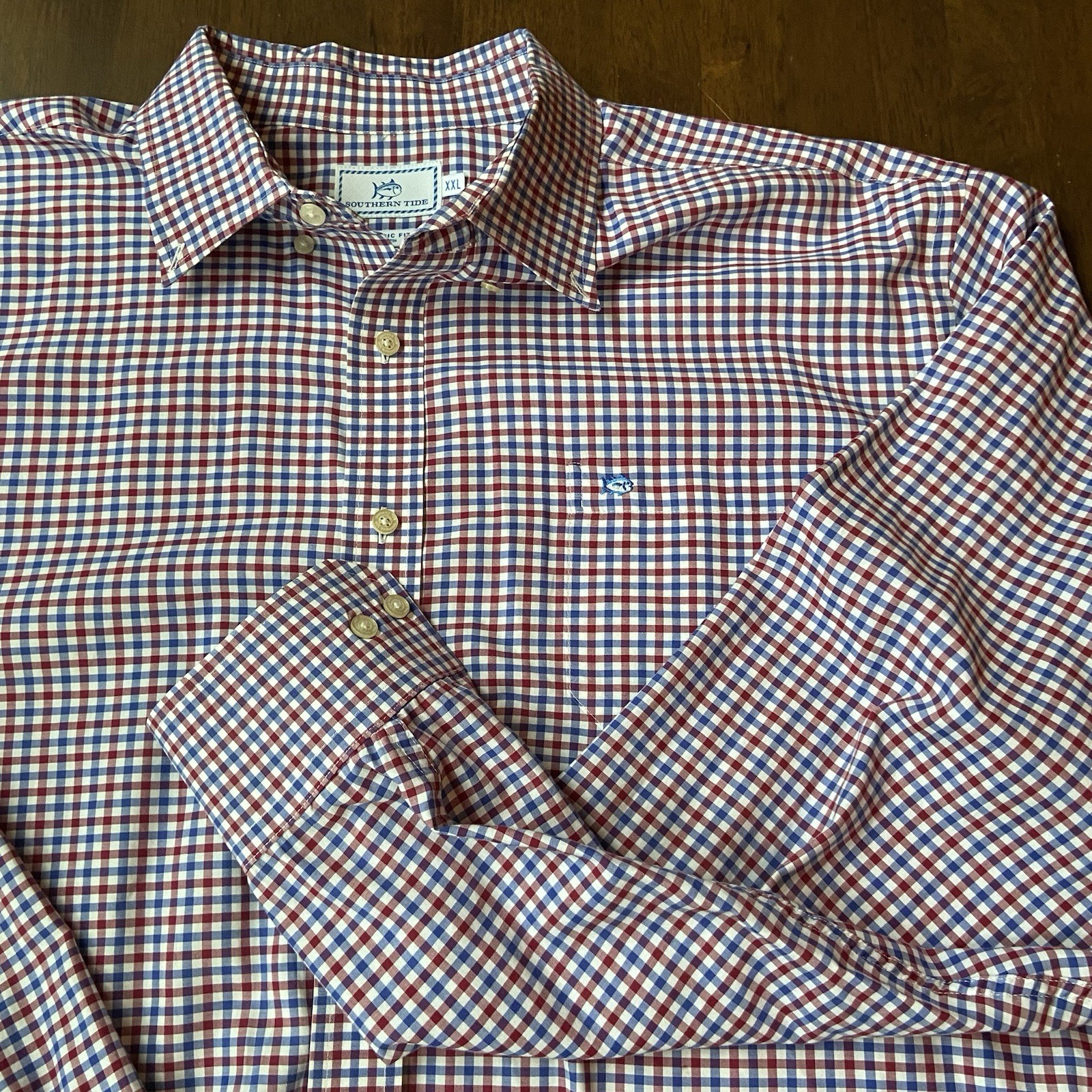 Southern Tide Shirt Mens XXL Classic Fit Plaid Long Sleeve Button Up Maroon Blue