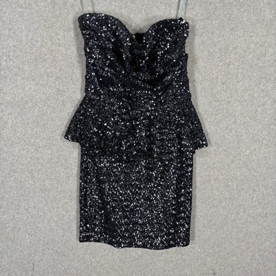 La Cite Sequin Strapless Mini Dress Medium Navy Peplum Ruffle 90s Party Holiday