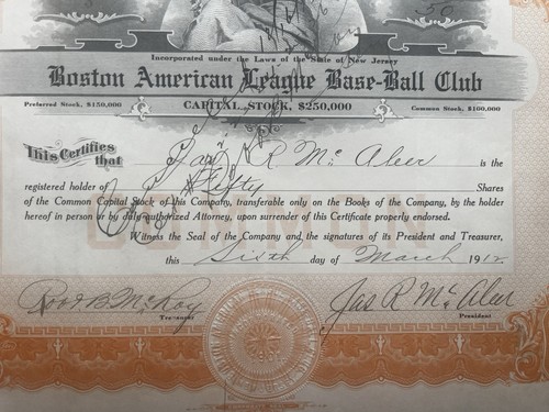 1912 Red Sox Stock Certificate Jimmy McAleer Joseph Lannin - Bild 4 von 5