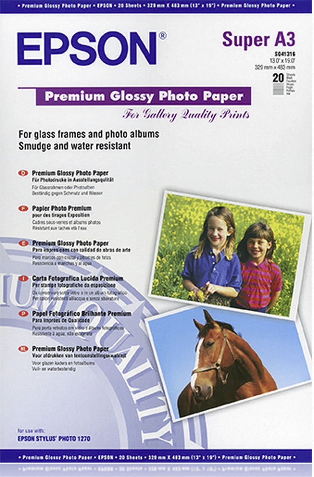 GENUINE EPSON A3+ PREMIUM GLOSSY PHOTO PAPER 255GSM 20 SHEETS – C13S041316