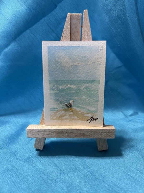 ACEO Original Watercolor | “Beach Boss” | Seagull Ocean Beach | Signed 2.5x3.5
