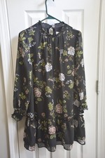 Loft Floral Sheer Ruffle Dress Tunic Black Long Sleeve Sz M Pet LSC501