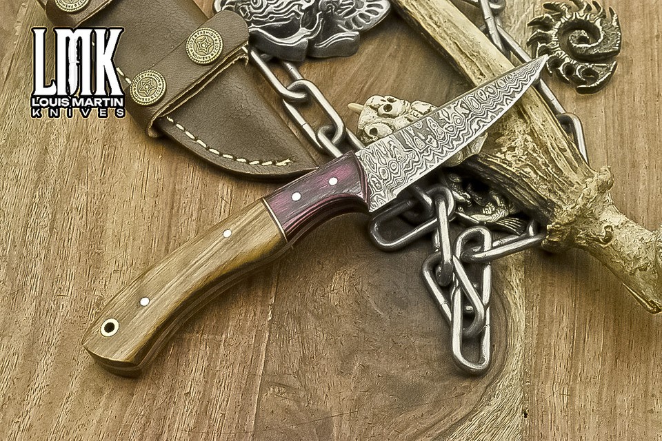 LMK Hand Skinner Knife Ladder Damascus Olive Wood Wooden Bolster