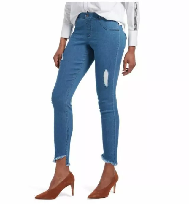 HUE Distressed Denim Angled Hem Skimmer Wangled Leggings Stonewash