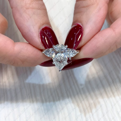 4.88Ctw Pear Moissanite Three Stones Engagement Ring in 14K White Gold Plated