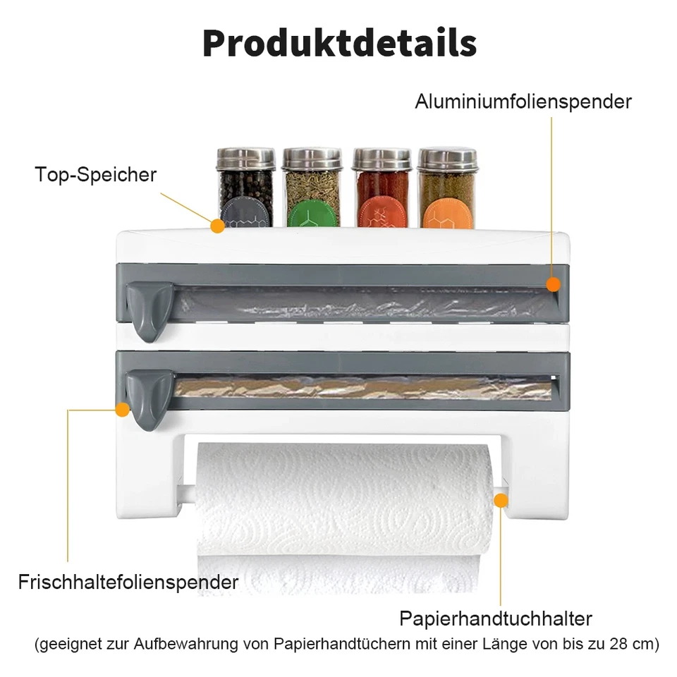 Wandrollenhalter Küchenrollenhalter Alufolie Frischhaltefolie Schneidabroller DE - Bild 3 von 4