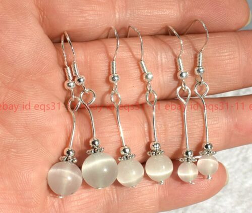 Beautiful 1Pair 6/8/10mm White Cat's Eye Opal Gemstone Round Beads Hook Earrings - Picture 1 of 12