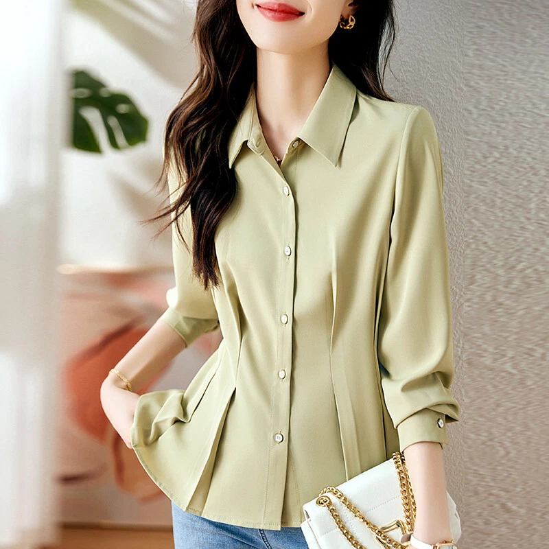 Women Long Sleeve Slim Waist Pleated Business Work Office Wear Shirt Blouse  Tops