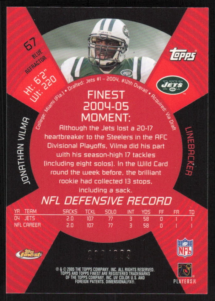 2005 Topps Finest Blue Refractors #67 Jonathan Vilma /299 New York Jets - Image 2 of 2