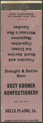 very old ~ KOZY KORNER KONFECTIONERY ~ matchbook cover BELLE PLAINE, IA iowa