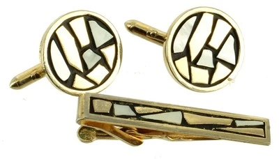 Vintage Swank Mi Siècle Mosaïque Nacre Boutons de Manchettes & Cravate Pince - Photo 1/4