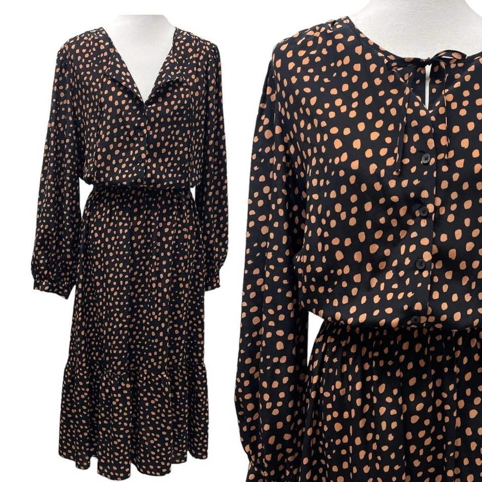 Vestido midi Tucker Juliette negro con volantes, XL. Prairie Cottagecore seda, corbata frontal Foto 2 de 4