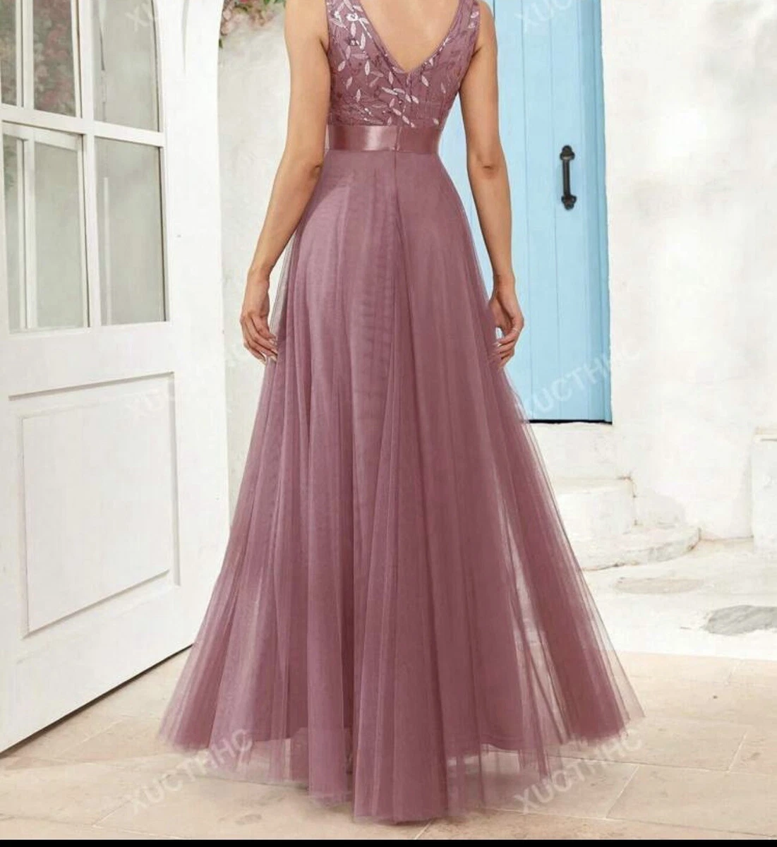 dusty pink bridesmaid dresses uk Zapaka Women Dusty Rose V-Neck Maxi Bridesmaid Dress with Sleeves A Line  Ruched Wedding Guest Dress – ZAPAKA