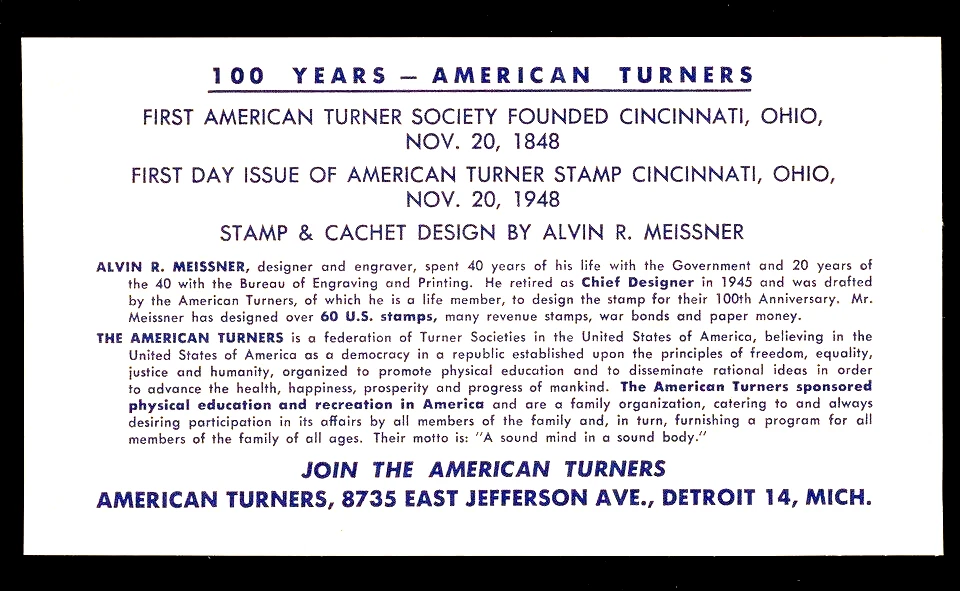 979 3c Stamp (1948) THE AMERICAN TURNERS FDC (FIRST) FROM ALVIN R. MEISSNER !! - Image 2 of 3