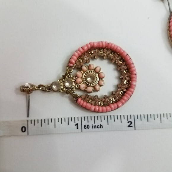 Statement Dangle Flowers Pink Beaded Stud Earring… - image 3