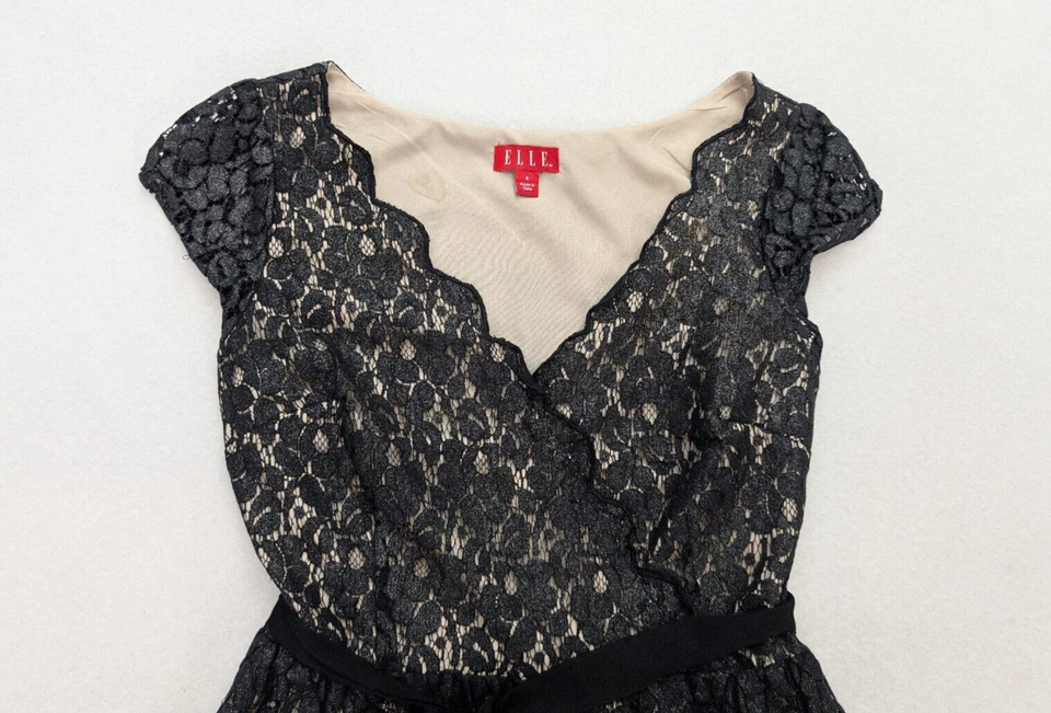 Elle женское платье размер 4 черный кружевной отлива Fit & Flare трапециевидный вечеринки коктейль - Изображение 4 из 4