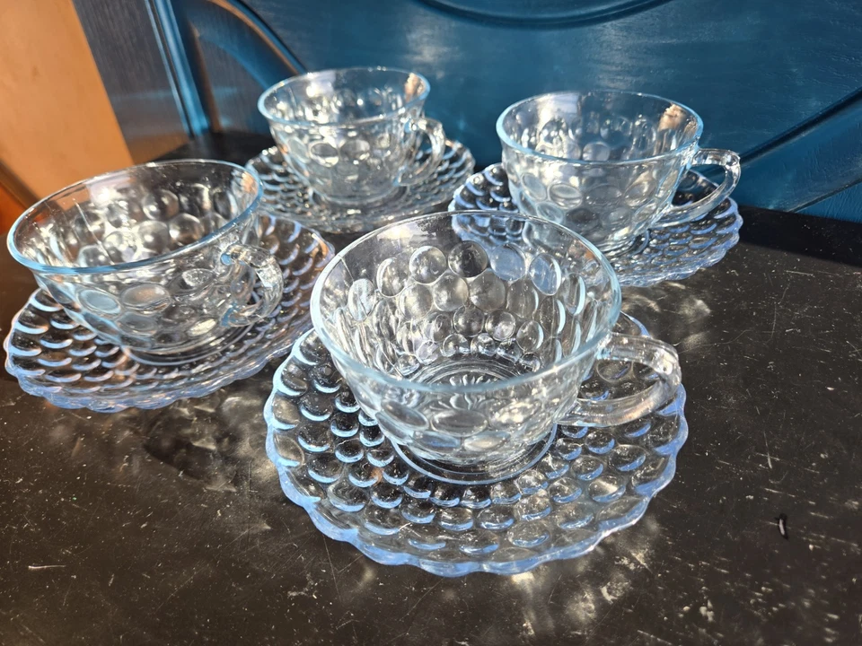 Vintage MCM Ice Blue Bubble Glass 8 Piece Set 8/4 Cups+ 4 Saucers Anchor Hocking - image 2 of 4