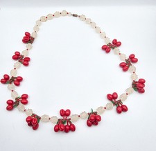 Vintage Red Cherry Ruffle Molded Frosted Lucite 29" Chunky Beaded Necklace