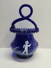 Vintage Fenton Cobalt Blue Basket With Loop Handle & Ruffle Top Hand Painted