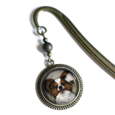 Papillon Dog Bookmark - ''Best Friends'' - Bronze and Glass Cabochon Book Hook