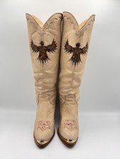VTG Zodiac USA Phoenix 1970's Western 3.5'' Heel Boots Size 6.5M Feather Inlays