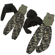 Kids Girls Set Jazz Suit Performance Outfit Tank Top Camouflage Sweatpants 3Pcs