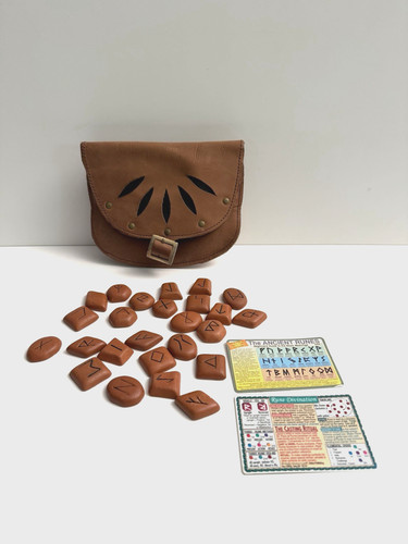 Vtg 25 Pc Ancient Runes Rune Divnation Kit w/Leather Storage/Travel Bag & Cards